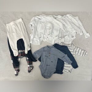 Newborn Clothing Lot - 9 Onesies, 3 Pants - Gerber, Carters, Honest